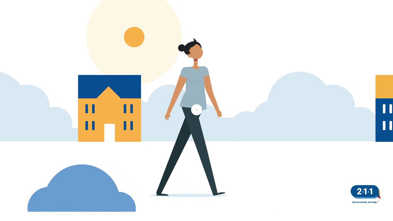 A minimalist digital illustration features a woman walking outdoors with a sun, clouds, and buildings in the background. The “211” logo and tagline “Get Connected. Get Help.” appear in the bottom right corner.